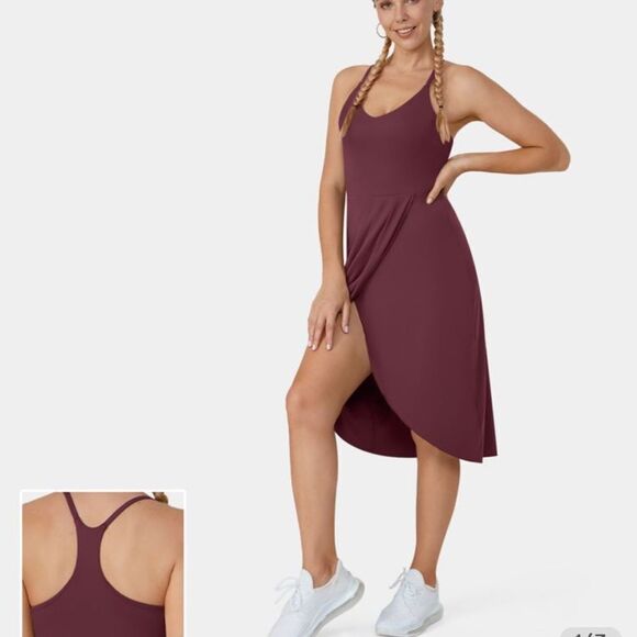 Halara Backless Racerback Split Asymmetric Hem Ruched Casual Dress Fig XS Nwt - Picture 1 of 5